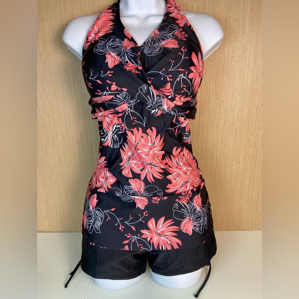 Floral Halter Tankini Swim Set in Black and Coral